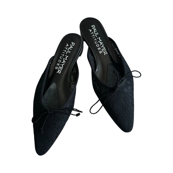 PAUL MAYER Attitudes Black Lace Bow Mules Flats Size 6 NEW NWOB - Picture 1 of 7
